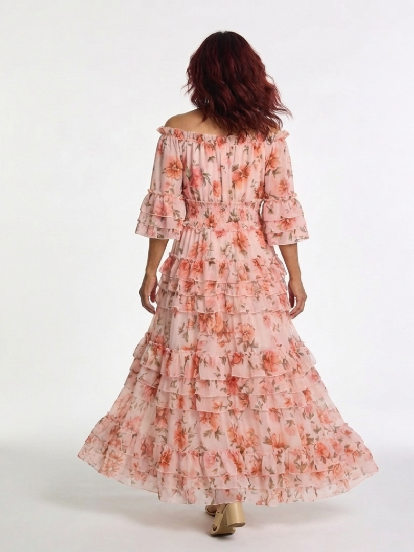 Rosalie | Maxivestido con volantes florales y diseño sin hombros