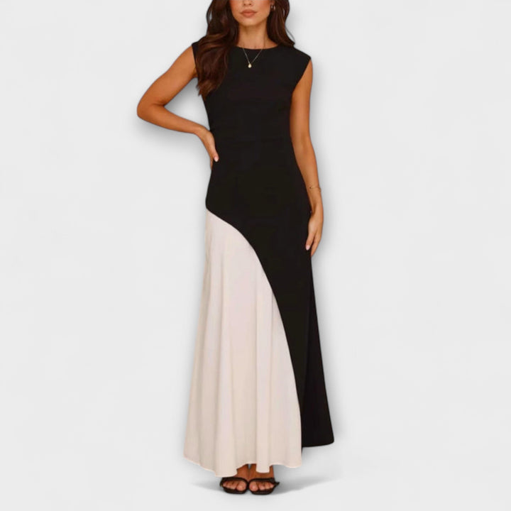 Isabel - Vestido monocromático con bloque de color en la cintura
