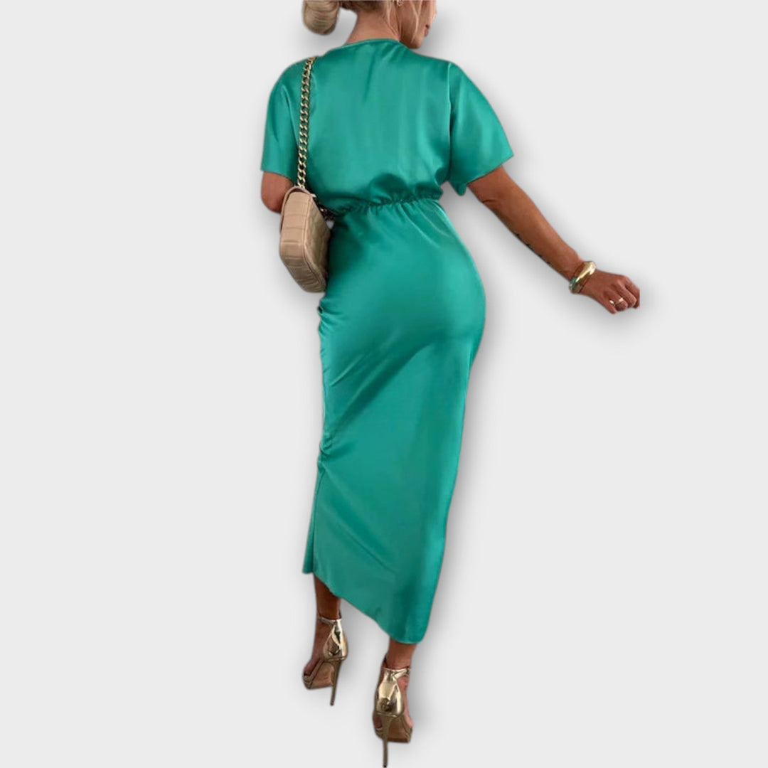 Sable - Vestido maxi con escote en V y nudo entrecruzado de satén rígido