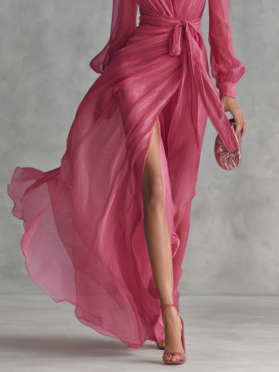 Vestido de chifón rosa con escote en V