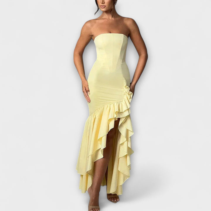 Zuri - Vestido maxi con hombros descubiertos y dobladillo asimétrico