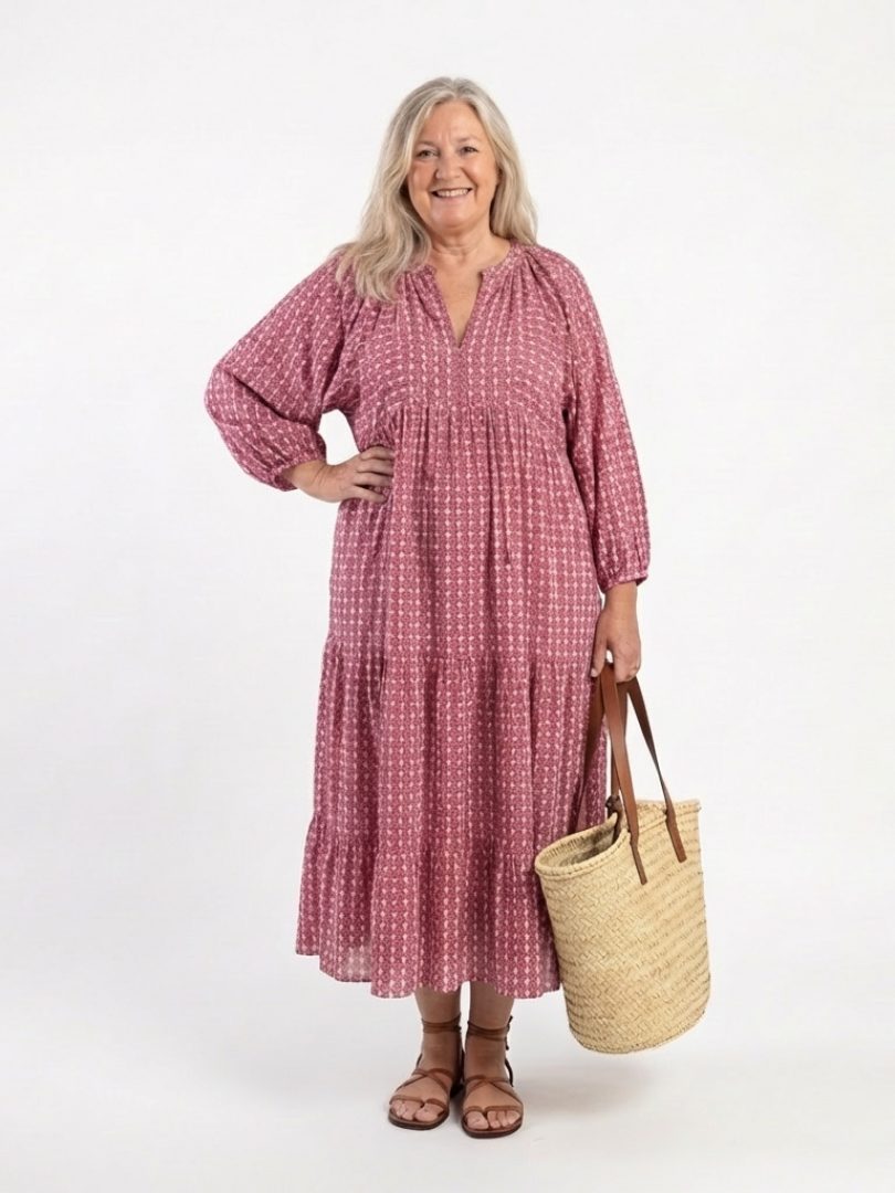 Arlette | Vestido Midi de Mangas Largas con Estampado Geométrico