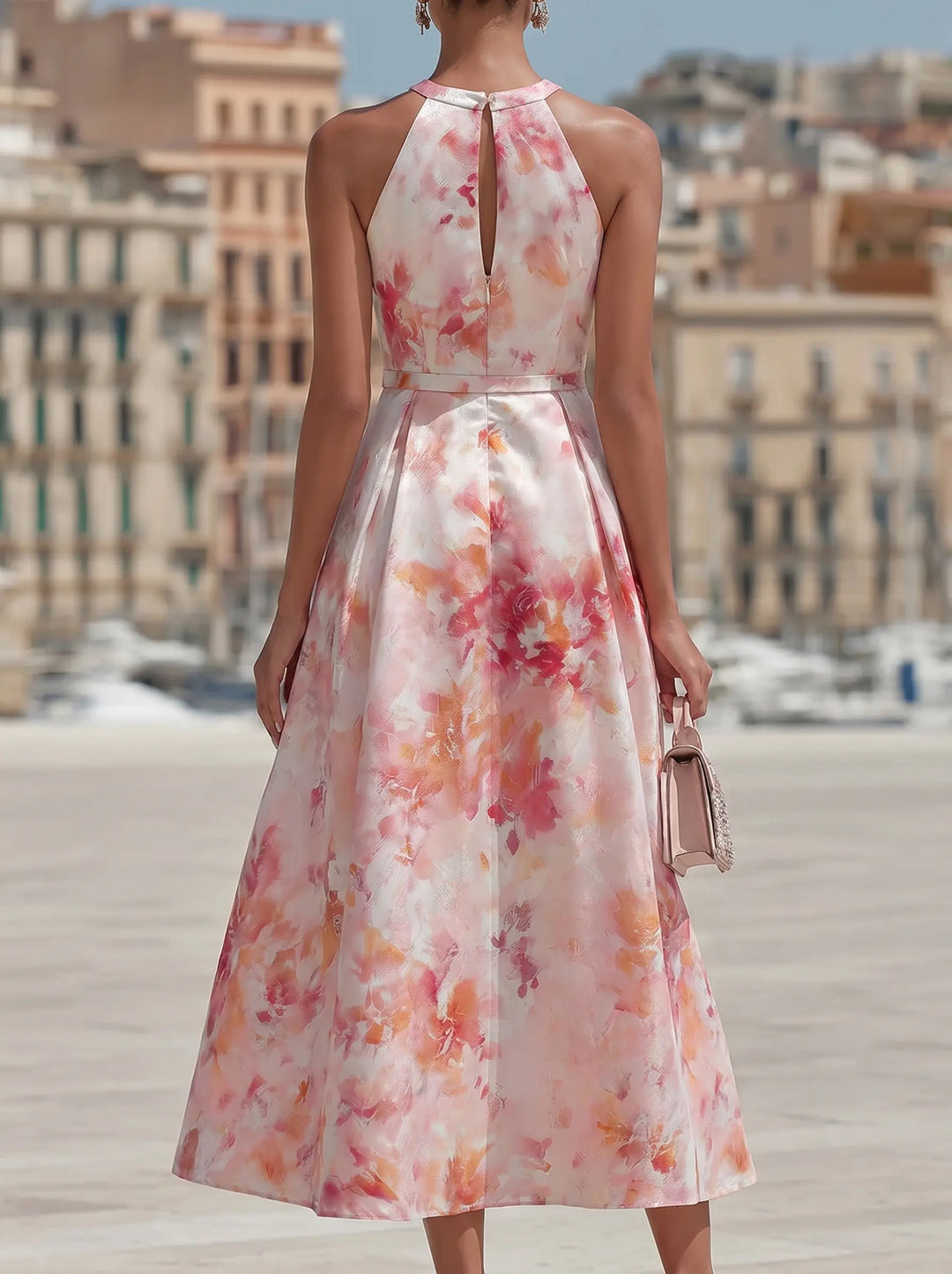 Violetta - Vestido midi halter con estampado floral de acuarela