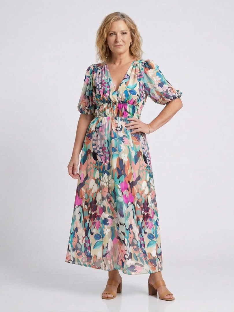Eulalie | Vestido midi de manga corta con escote en V y cintura ajustada