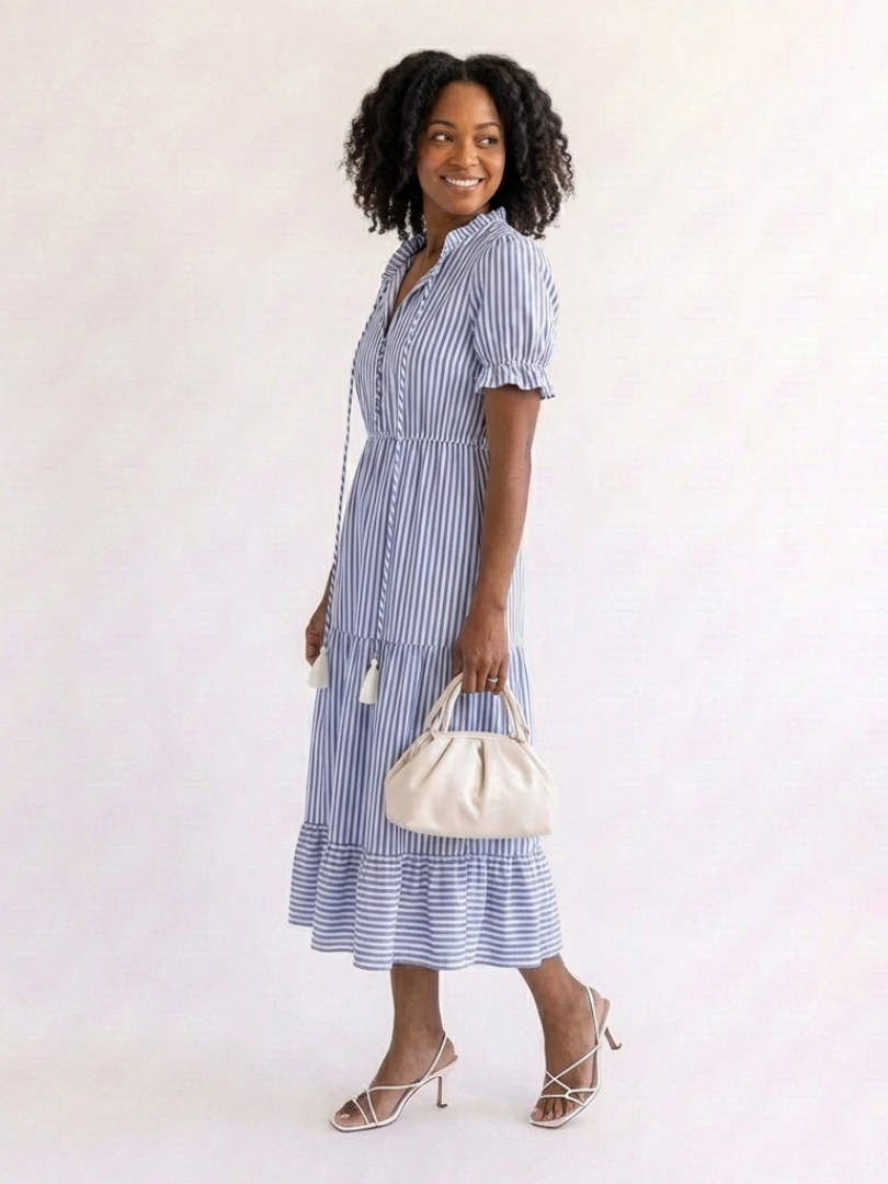 Dakota | Vestido midi a rayas con volantes y manga corta