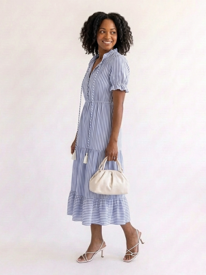 Dakota | Vestido midi a rayas con volantes y manga corta