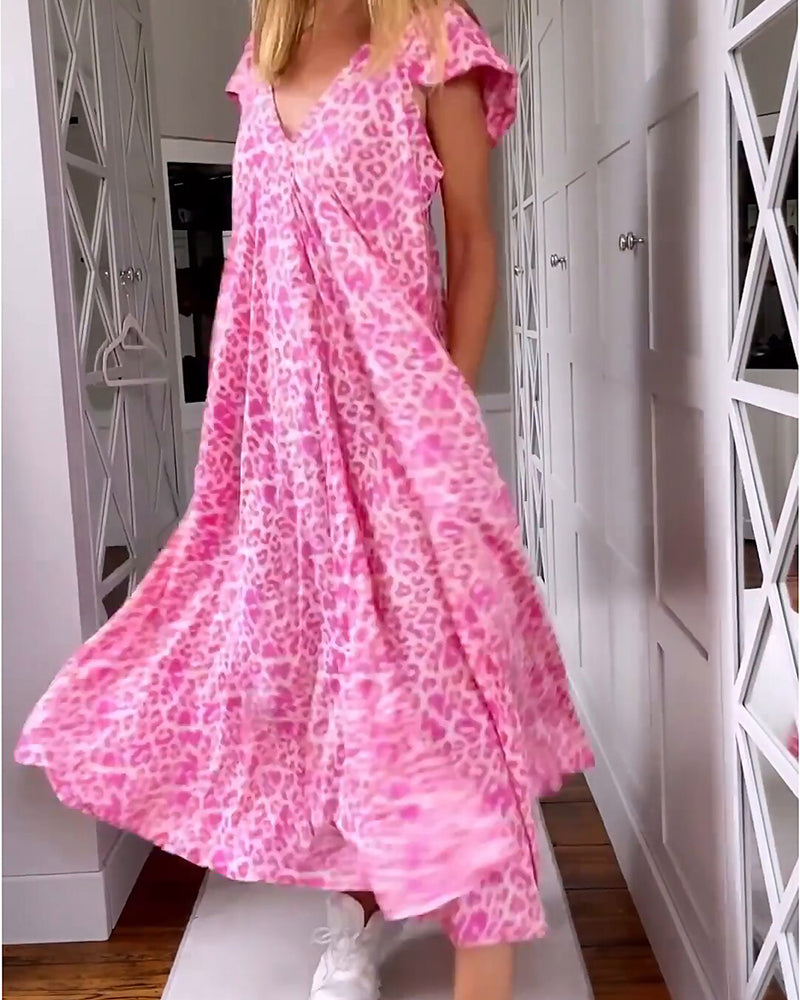 Vestido Largo Estampado con Escote en V y Manga Corta