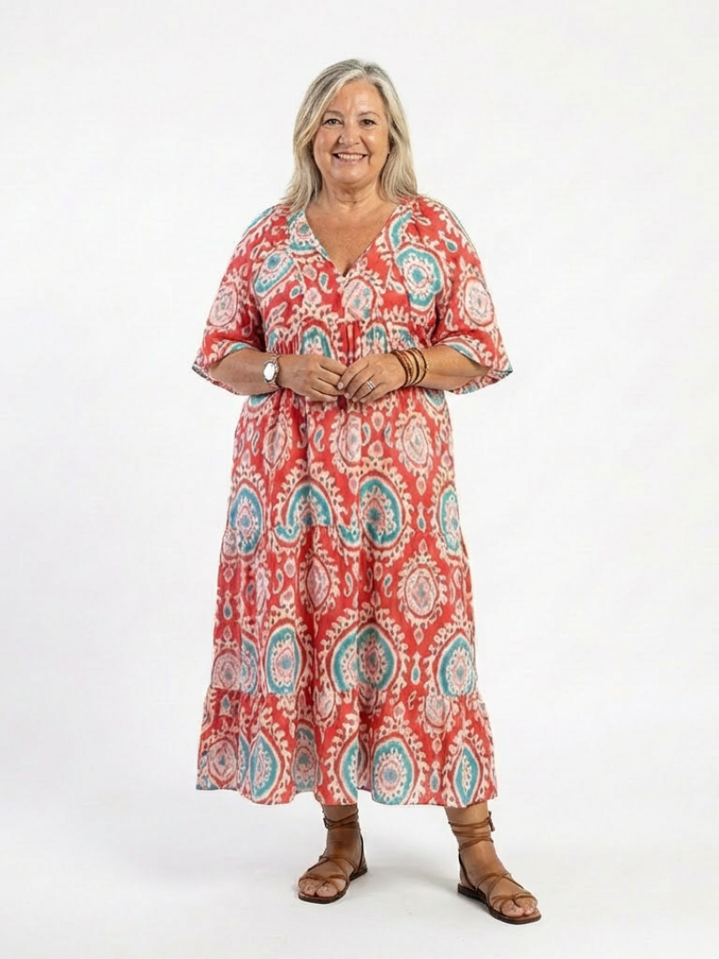 Zaria | Vestido midi de manga corta con escote en V y diseño de paisley