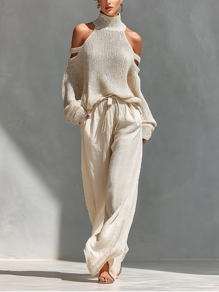 Thalia - Conjunto Beige de Top de Punto con Hombros Descubiertos y Pantalones de Pierna Ancha