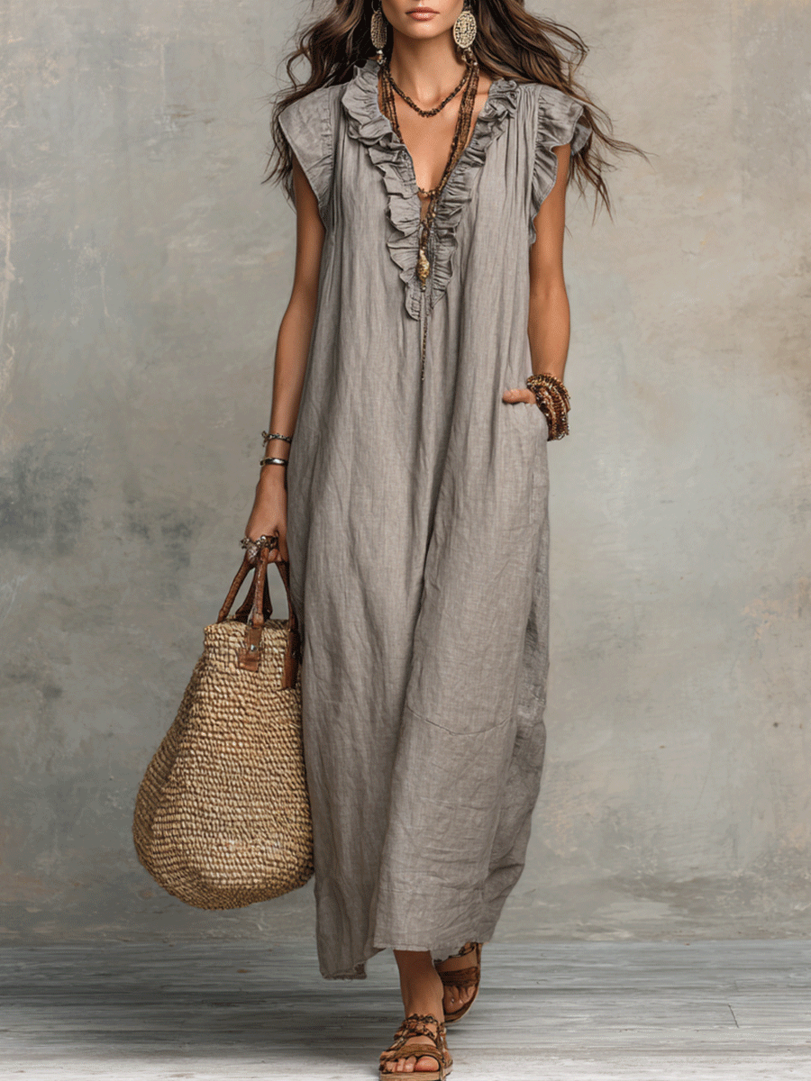 Vestido maxi bohemio sin mangas con escote en V y caída fluida