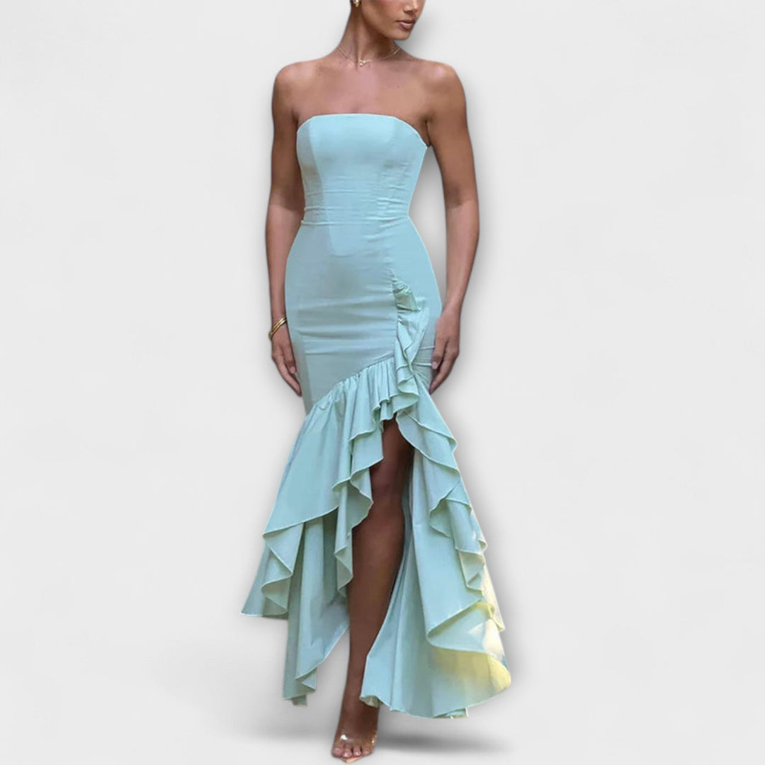 Zuri - Vestido maxi con hombros descubiertos y dobladillo asimétrico