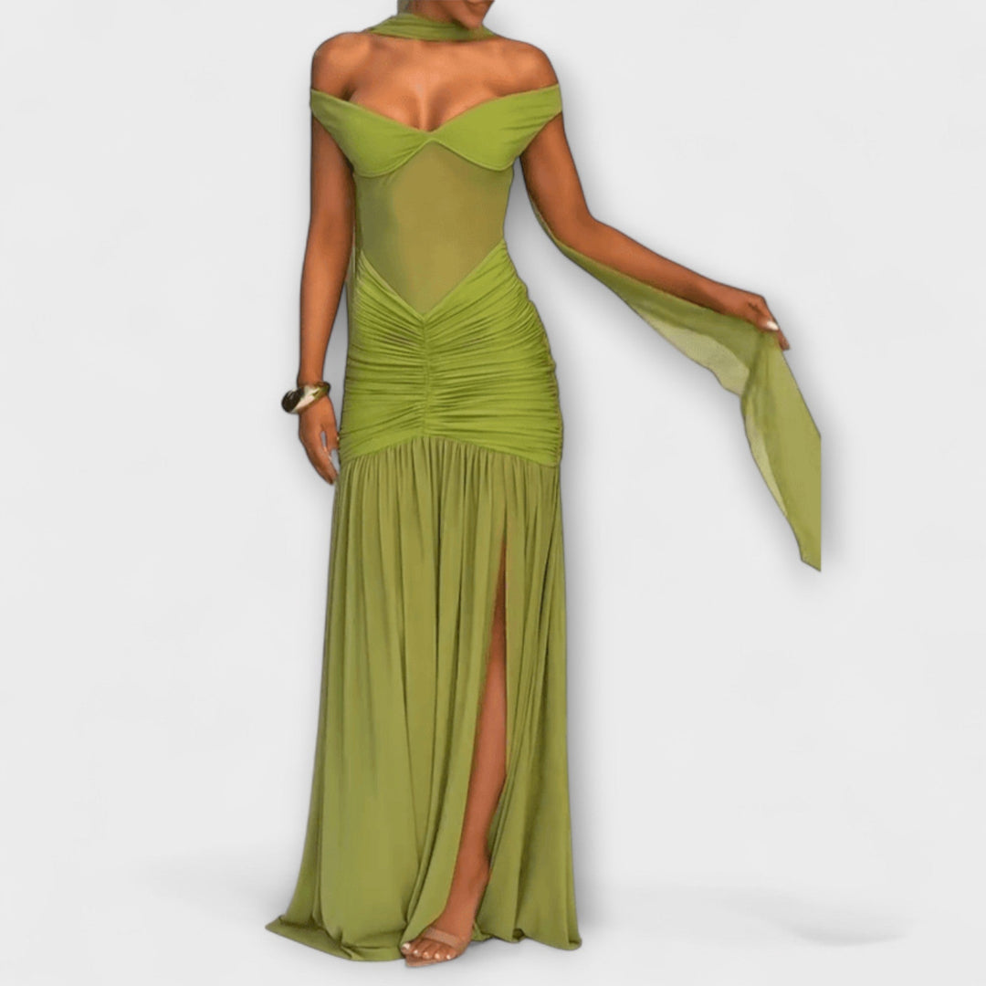 Nicole - Vestido maxi con escote en V verde oliva