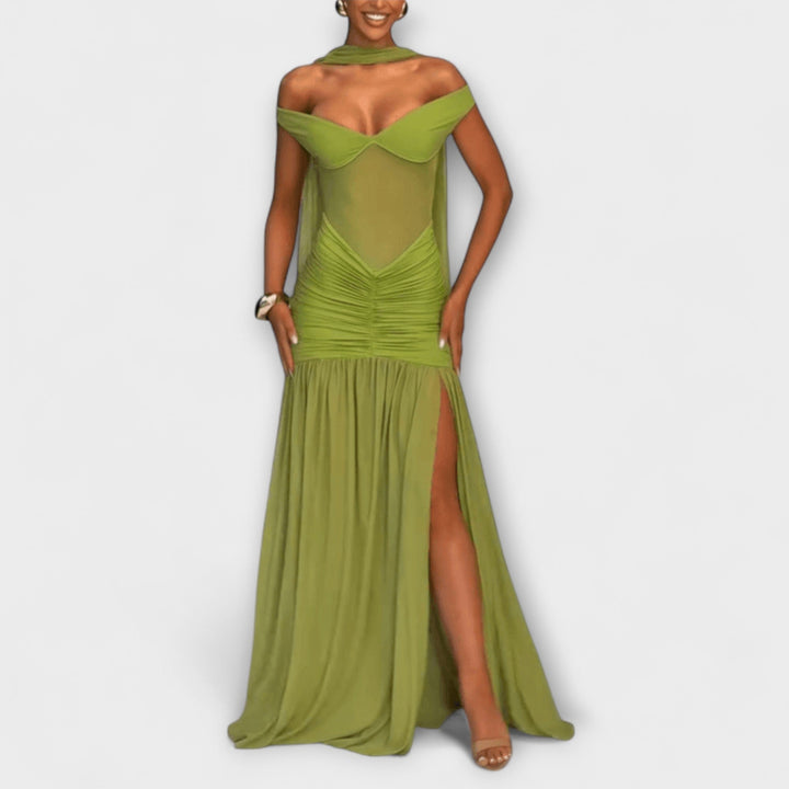 Nicole - Vestido maxi con escote en V verde oliva
