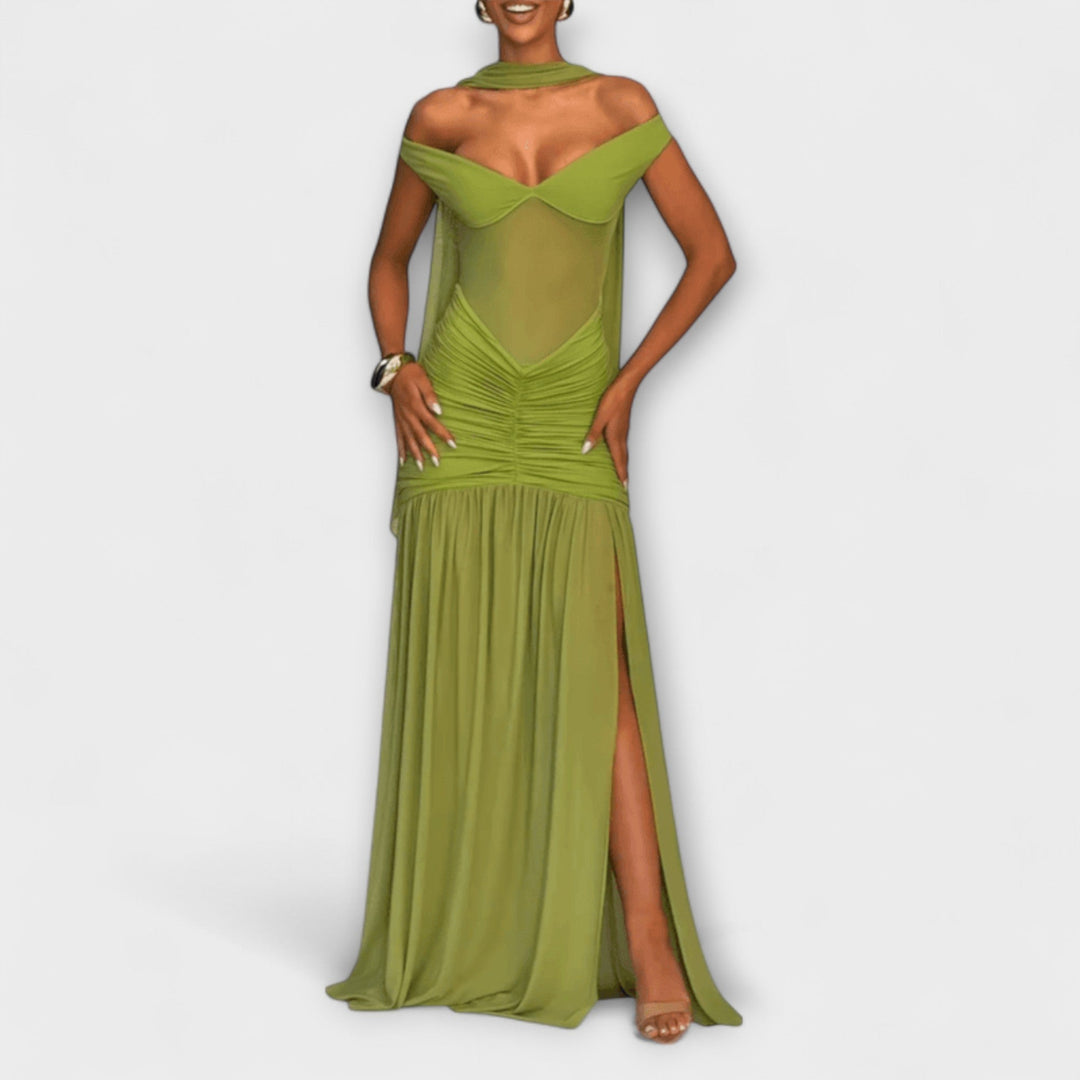 Nicole - Vestido maxi con escote en V verde oliva