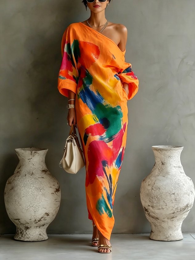 Vestido maxi asimétrico con estampado abstracto