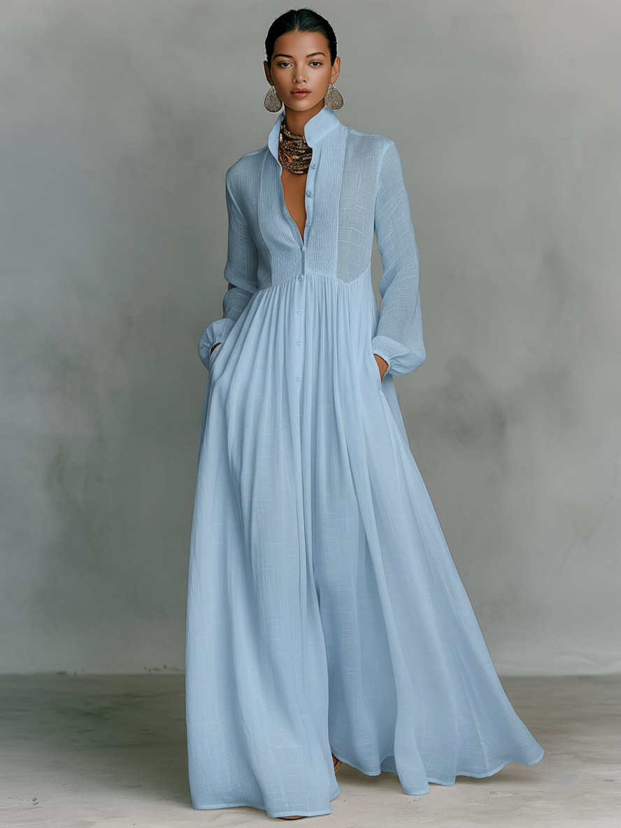 Maxi Vestido de Lino con Cuello Alto