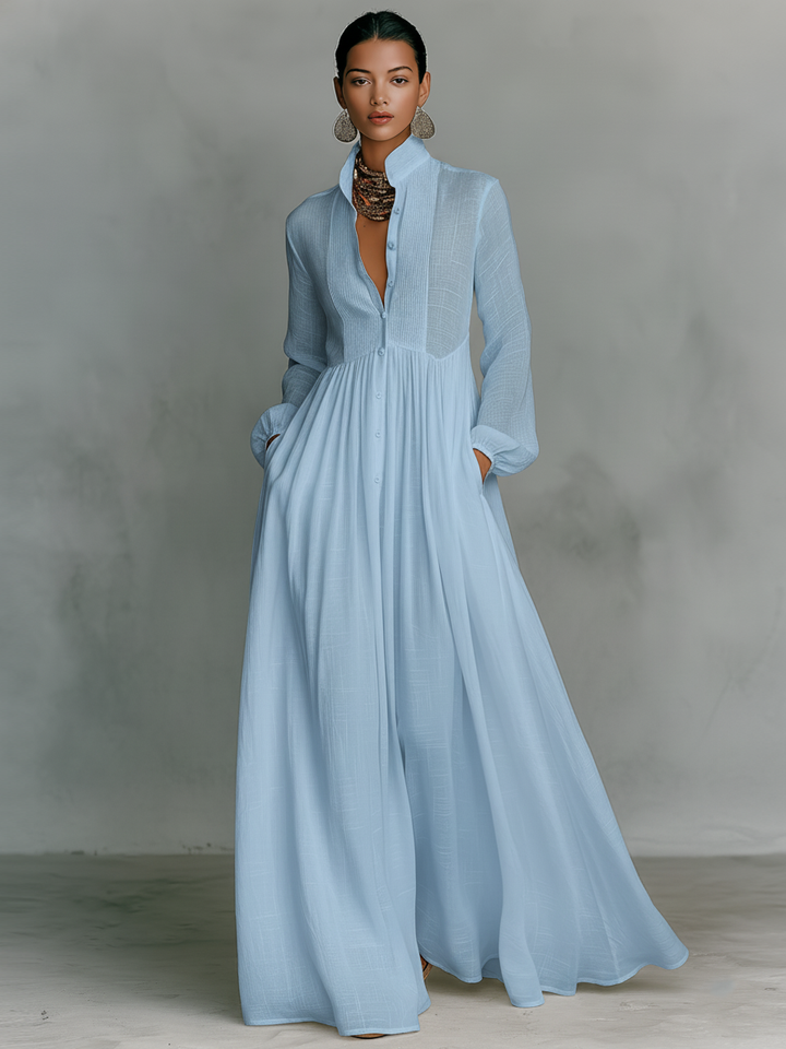 Maxi Vestido de Lino con Cuello Alto