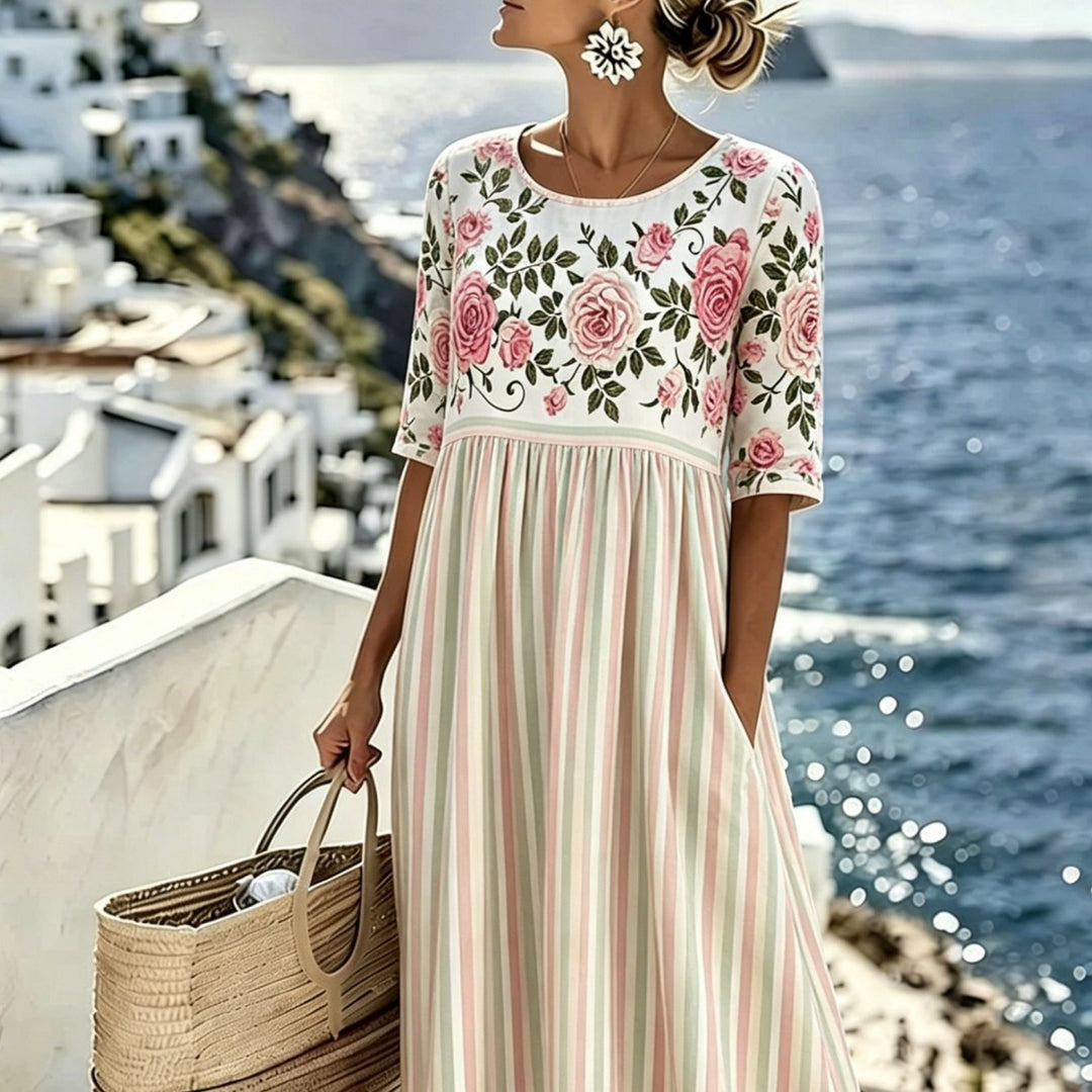 Elodie™ | Vestido Midi Rayas Rosa Retro