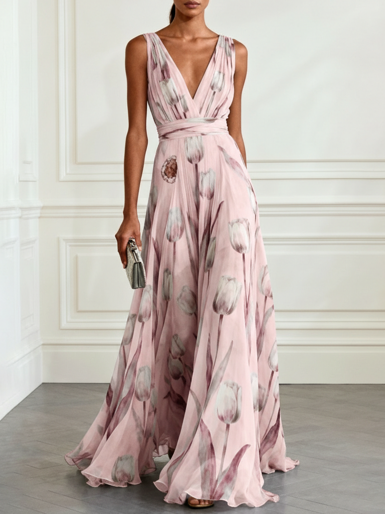 Nerea - Elegante Vestido Maxi con Cuello en V y Estampado de Tulipanes