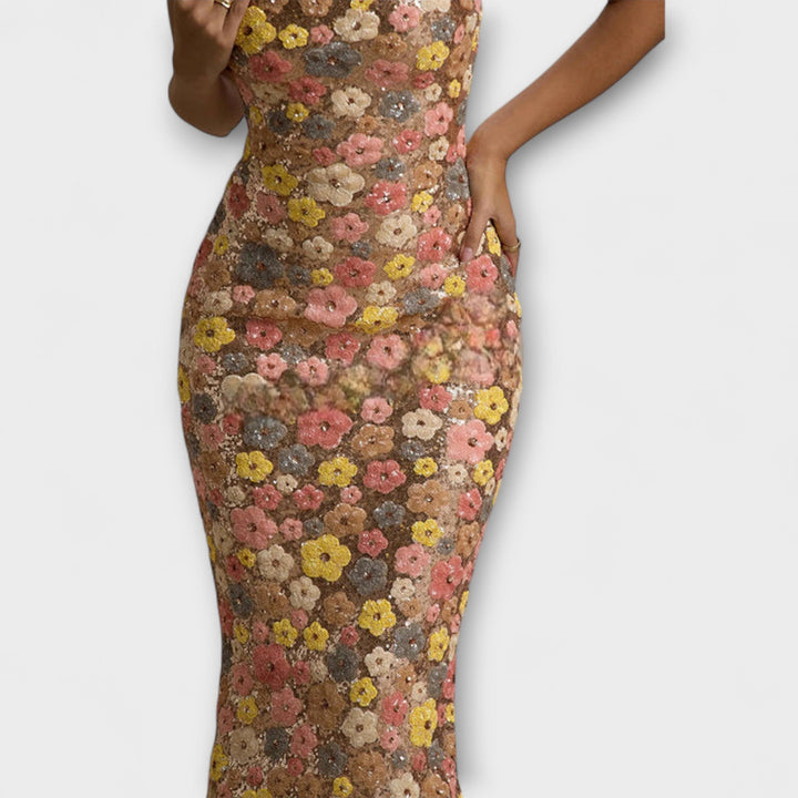 Oakley - Vestido maxi con flores y lentejuelas en estilo ochentero