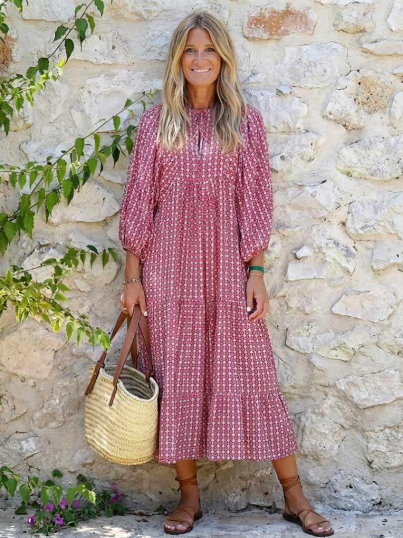 Arlette | Vestido Midi de Mangas Largas con Estampado Geométrico