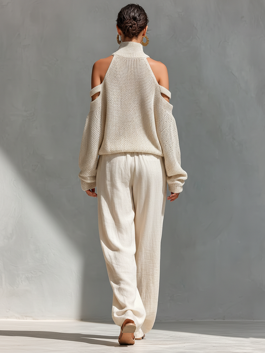 Thalia - Conjunto Beige de Top de Punto con Hombros Descubiertos y Pantalones de Pierna Ancha