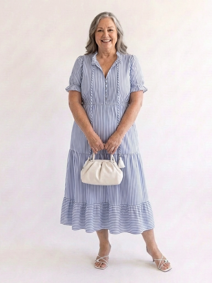 Dakota | Vestido midi a rayas con volantes y manga corta