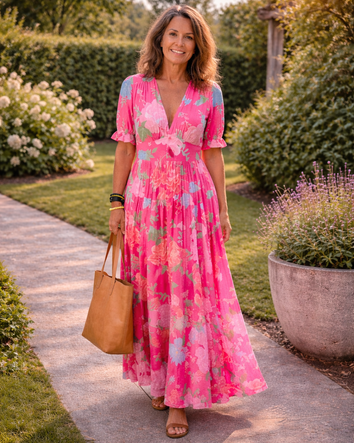 Ione | Vestido Midi Floral Sin Mangas con Escote en V" puede reescribirse como:

"Ione | Vestido Midi Floral Sin Mangas con Escote en Forma de V