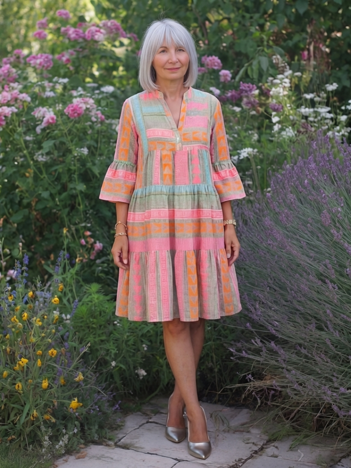 Maelle | Vestido con cuello en V y estampado geométrico, hasta la rodilla" 

Rewritten: "Maelle | Vestido con cuello en V y diseño geométrico, hasta la rodilla