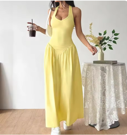 Junio - Vestido Largo Amarillo de Espalda Descubierta
