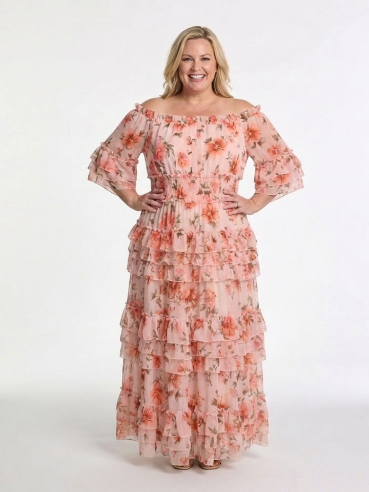 Rosalie | Maxivestido con volantes florales y diseño sin hombros