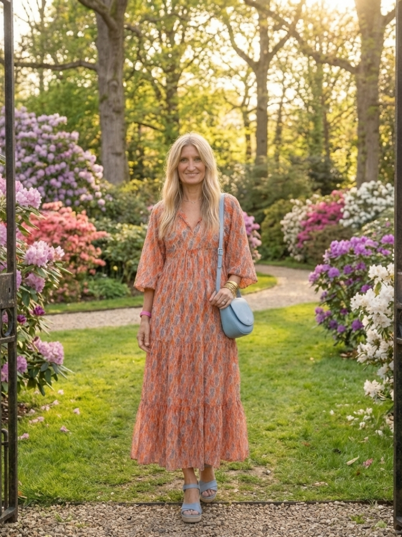 Amara | Vestido Midi con Capa y Estampado Geométrico de Escote en V