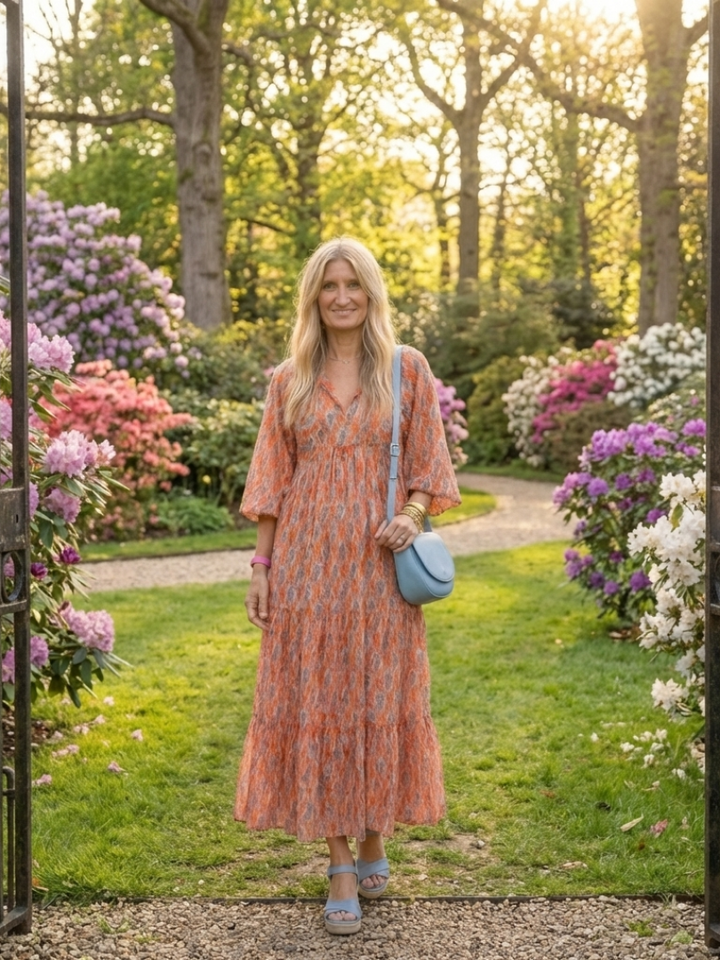 Amara | Vestido Midi con Capa y Estampado Geométrico de Escote en V