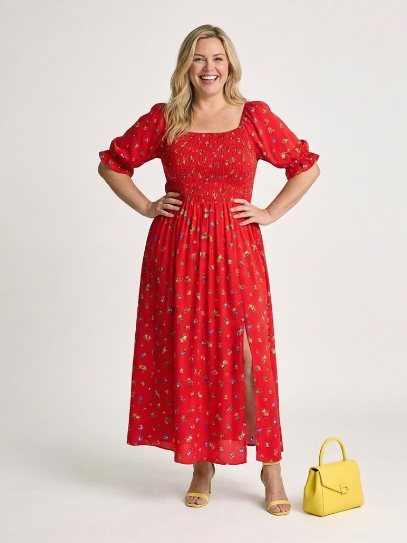 Delphine | Vestido Midi Floral con Escote Cuadrado