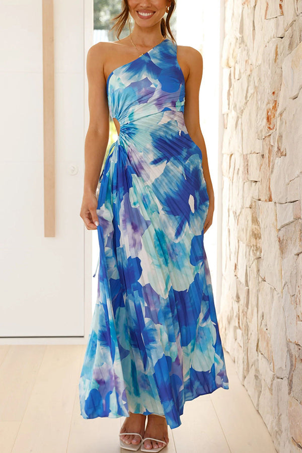 Deja - Vestido largo de un hombro con pliegues y estampado floral