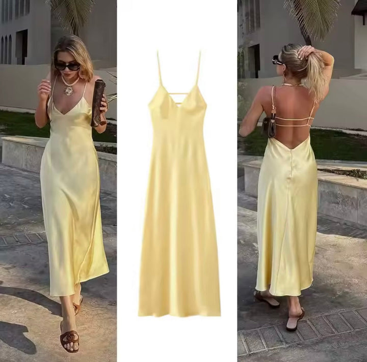 Nikka - Vestido maxi largo de satén