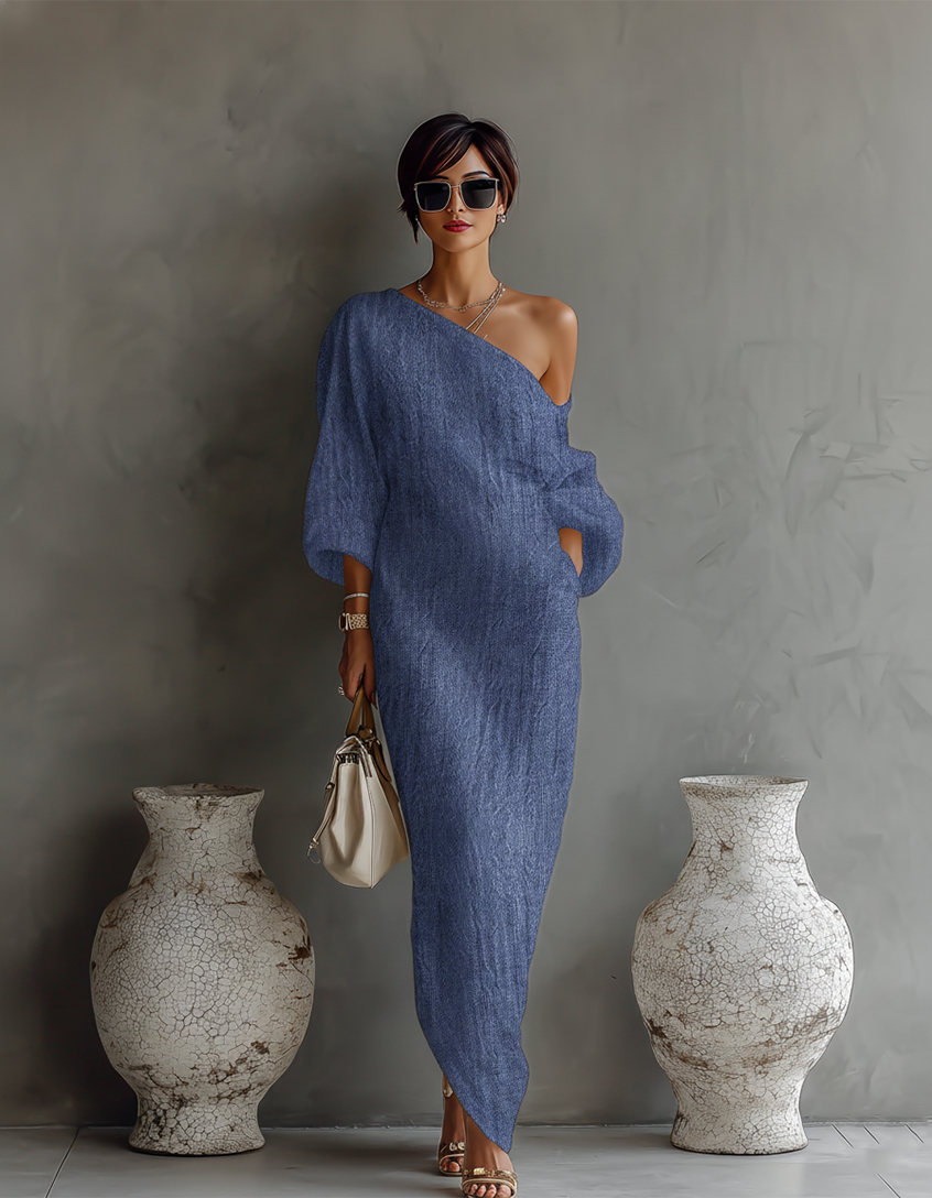 Vestido de Lino Marfil con Escote Bardot