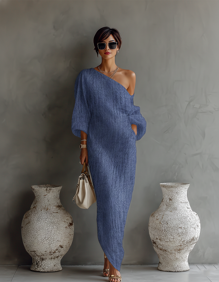 Vestido de Lino Marfil con Escote Bardot