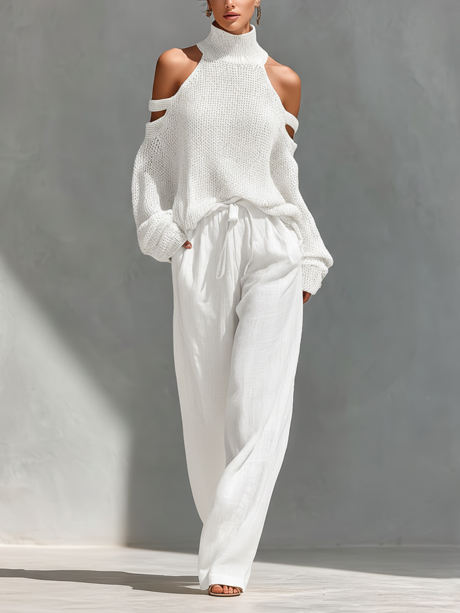 Thalia - Conjunto Beige de Top de Punto con Hombros Descubiertos y Pantalones de Pierna Ancha