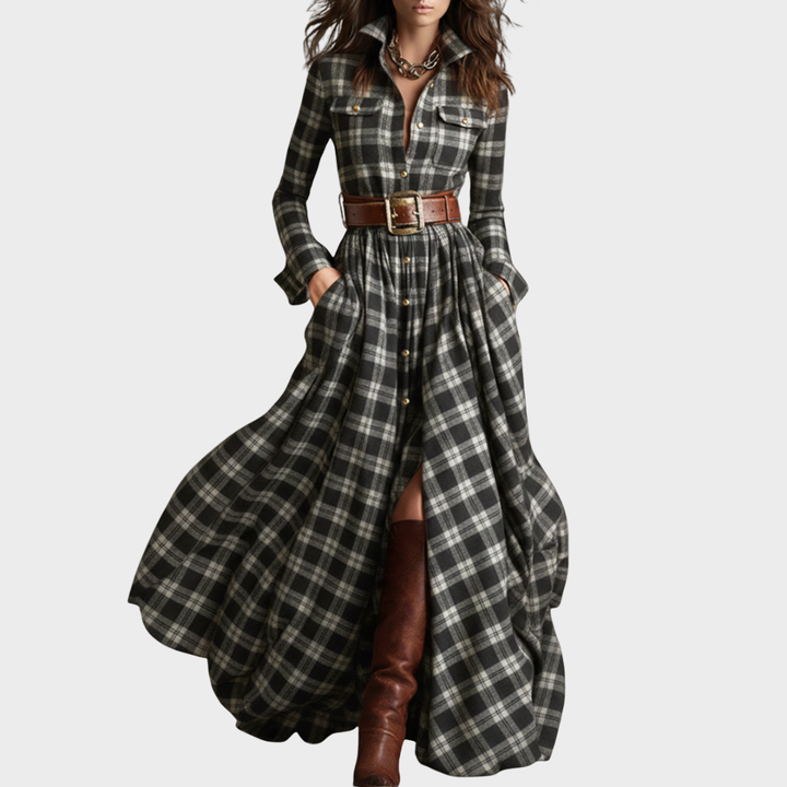 Vestido maxi étnico retro – diseño de cuadros marrones con cuello clásico