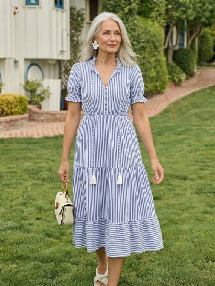 Dakota | Vestido midi a rayas con volantes y manga corta