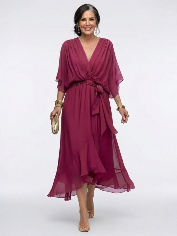 Elysia | Vestido Midi con Cintura Ajustada y Escote en V