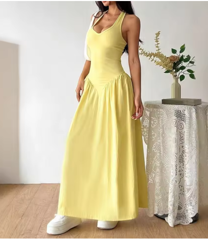 Junio - Vestido Largo Amarillo de Espalda Descubierta