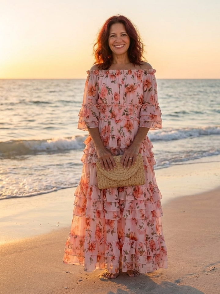 Rosalie | Maxivestido con volantes florales y diseño sin hombros