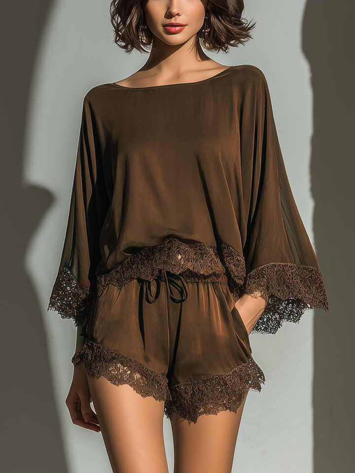 Alice - Conjunto de Top y Shorts de Satén Color Chocolate