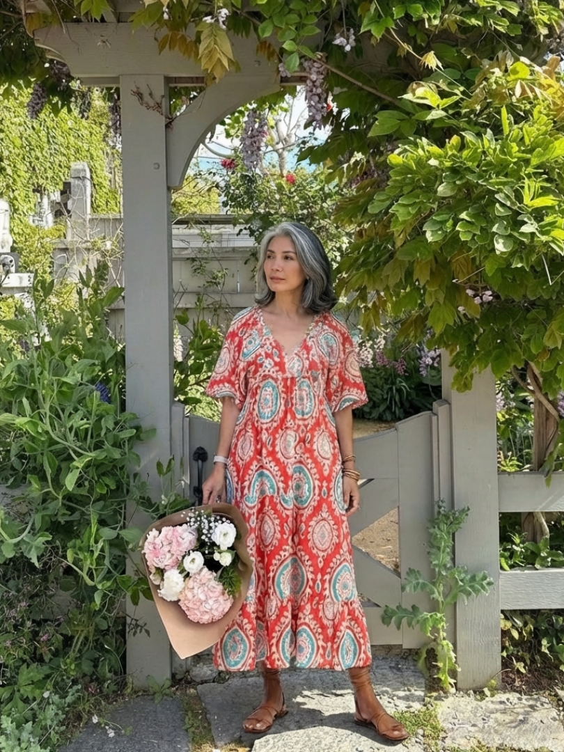Zaria | Vestido midi de manga corta con escote en V y diseño de paisley