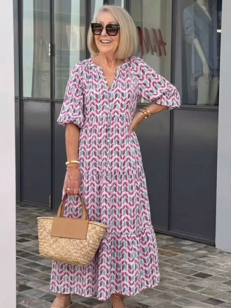 Mireya | Vestido Midi de Manga Larga con Diseño Geométrico