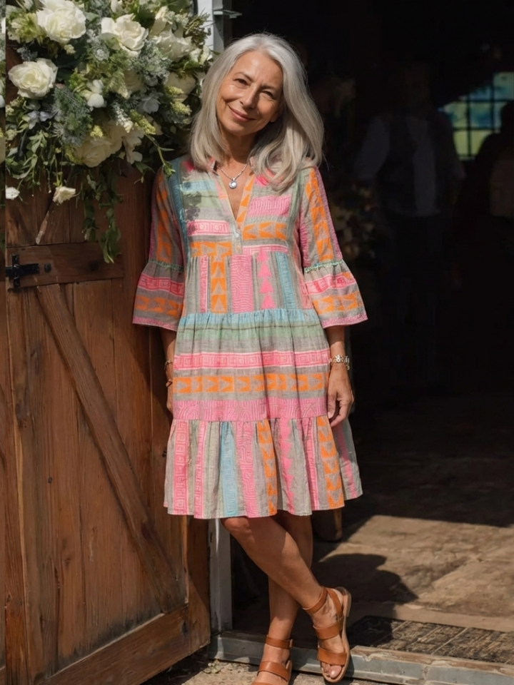 Maelle | Vestido con cuello en V y estampado geométrico, hasta la rodilla" 

Rewritten: "Maelle | Vestido con cuello en V y diseño geométrico, hasta la rodilla