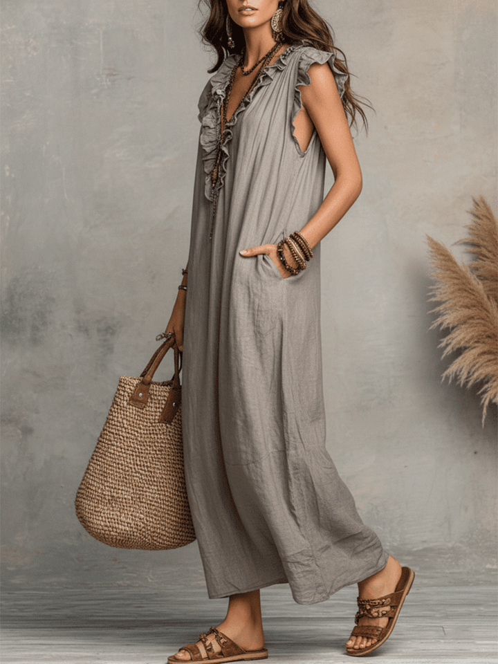 Vestido maxi bohemio sin mangas con escote en V y caída fluida