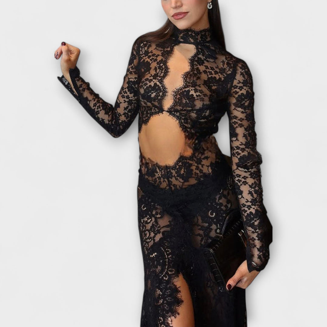 Azalea - Elegancia de Medianoche Vestido maxi de encaje transparente con manga larga y elastano